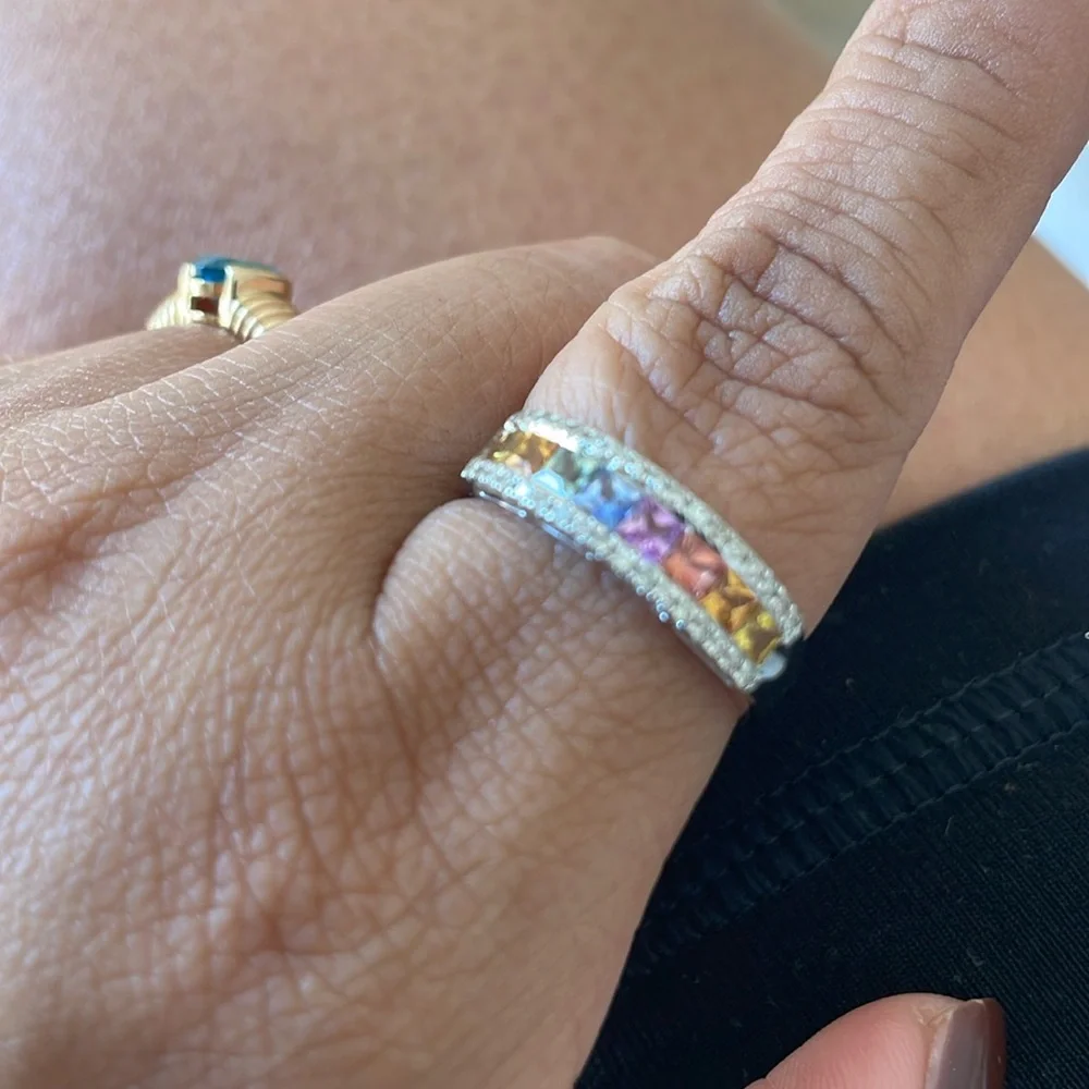 ✨ solid 18k white gold rainbow diamond sapphire channel set half eternity ring